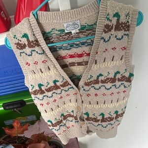 villager Beige Knit Vest with Teal, Brown & Red Accents